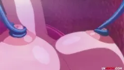 Pinkhaarige Anime-Frau wird von dicken blauen Tentakeln an Brüsten und Schenkeln gefesselt und penetriert