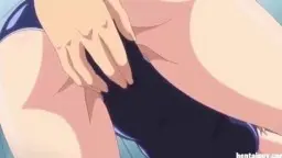 Drei Hentai-Girls in blauen Bodys präsentieren von hinten ihre nackten Ärsche und werden gleichzeitig angefasst