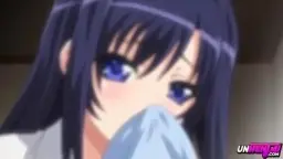 Nahaufnahme eines süßen Hentai-Schulmädchens mit großen blauen Augen und langen dunklen Haaren, das schüchtern an einem riesigen blauen Schwanz lutscht.