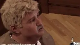 Älterer blonder Mann mit Schnurrbart saugt genüsslich an einem Schwanz
