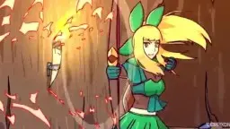 Vier Anime-Girls mit bunten Haaren stehen von hinten in einer dunklen Höhle, bereit für riesige Schwänze